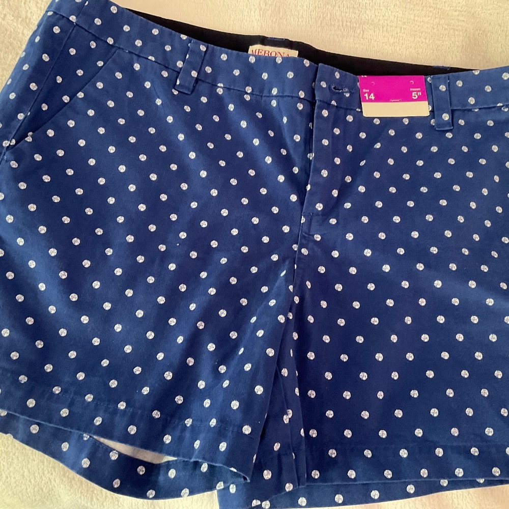 Women’s Merona Shorts Size 14 Brand New with Tags Blue with White Polka Dots